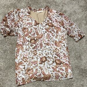 Floral V-Neck Blouse - Pink and Brown